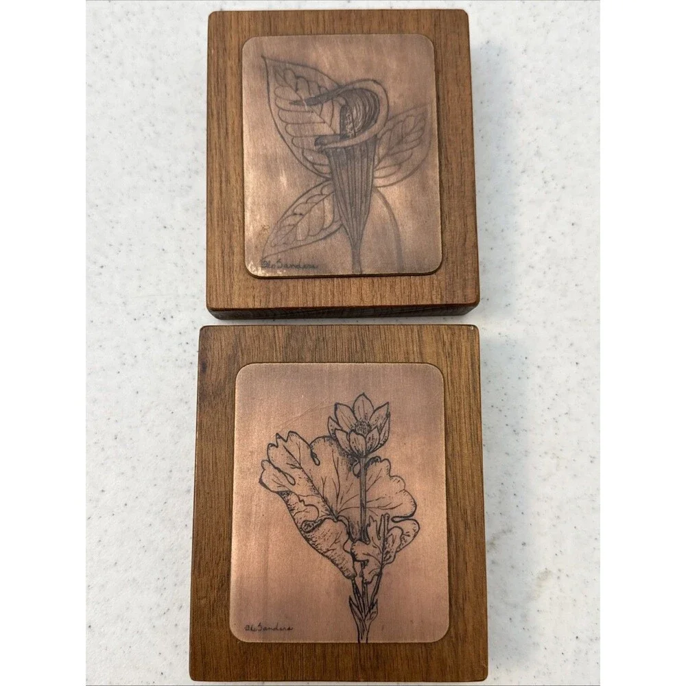 Botanical Wall Art Plaque Set Copper Tone Leaf Relief on Wood Lot 2